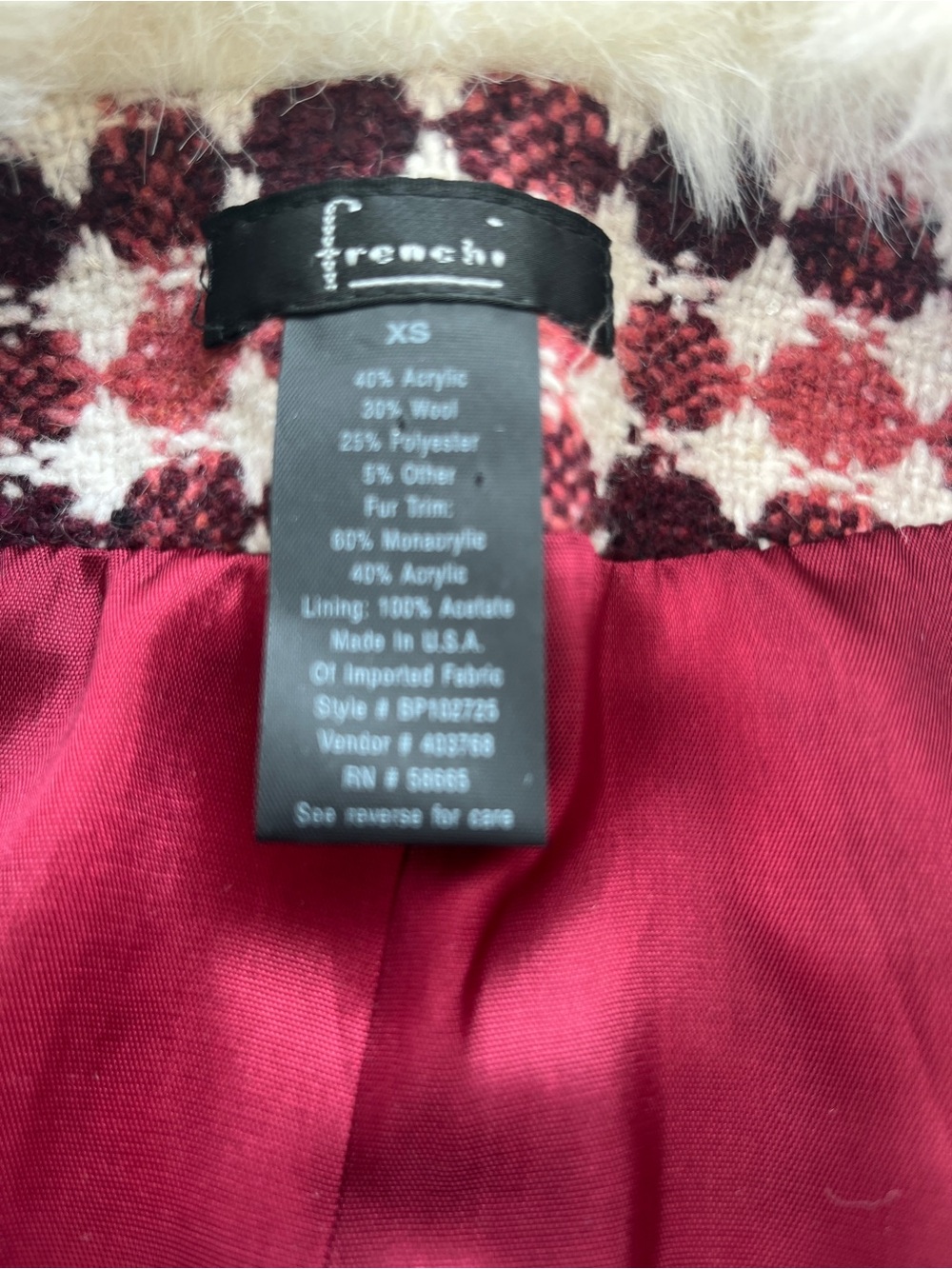 Vintage (‘05) Frenchi Burgundy & White Faux-Fur Trim Circle Pattern Coat! - Picture 11 of 12